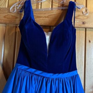 Blue Velvet Prom Dress - Long Train, Pockets, 3-Point Bustle
